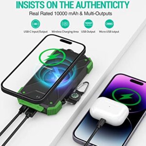 BLAVOR Solar Charger Power Bank, Qi Wireless Charger 10,000mAh External Battery Pack Type C Input Output Dual Super Bright Flashlight, Compass Carabiner, Solar Panel Charging(Dark Green)