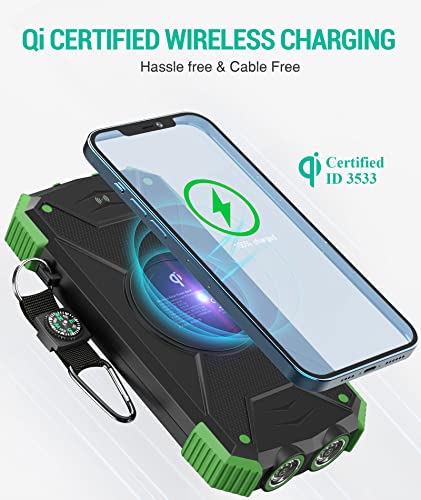 BLAVOR Solar Charger Power Bank, Qi Wireless Charger 10,000mAh External Battery Pack Type C Input Output Dual Super Bright Flashlight, Compass Carabiner, Solar Panel Charging(Dark Green)