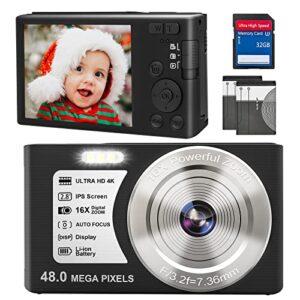 4k digital camera, 16x digital zoom compact camera, 48mp auto focus vlogging camera for teen, student, beginner, 2.8 inch screen, 2 batteries, 32gb sd card (black)