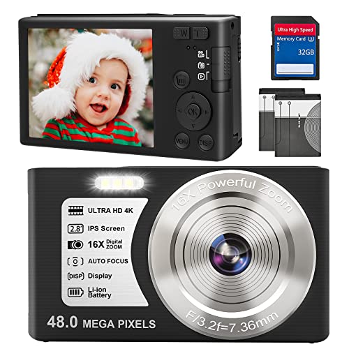 4K Digital Camera, 16X Digital Zoom Compact Camera, 48MP Auto Focus Vlogging Camera for Teen, Student, Beginner, 2.8 inch Screen, 2 Batteries, 32GB SD Card (Black)