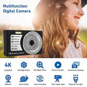 4K Digital Camera, 16X Digital Zoom Compact Camera, 48MP Auto Focus Vlogging Camera for Teen, Student, Beginner, 2.8 inch Screen, 2 Batteries, 32GB SD Card (Black)