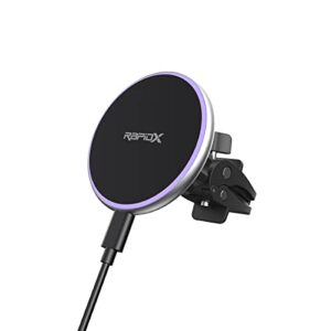 rapidx dashio mw2 car vent mount & magnetic wireless charger circle, up to 15w, for iphone 14/13/12 & newer, or other iphone/android with magsafe/magnetic case