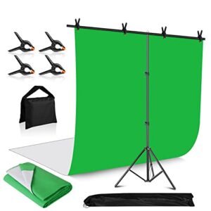MSKIRA White Green Screen Backdrop with Stand 6.5x6.5ft Portable T-Shape Photo Backdrop Stand with 2-in-1 6x10ft Reversible White & Green Background Screen, 4 Spring Clamps, Sandbag, Carry Bag