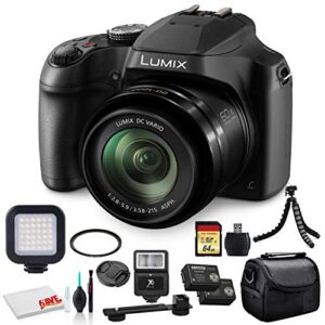 panasonic lumix dc-fz80 digital camera (dc-fz80k) – bundle – with 64gb memory card + led video light + dmw-bmb9 battery + digital flash + soft bag + 12 inch flexible tripod + cleaning set + more