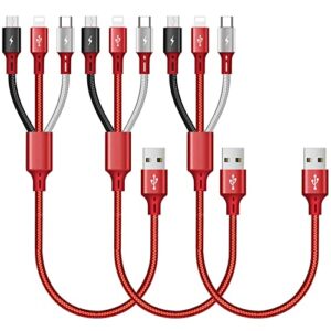 short multi charging cable 3a 3pack multiple usb fast charger cable for ip/micro-usb/type-c ports for cell phones/tablets/samsung galaxy/lg/google pixel/huawei/htc/oneplus/sony/moto/ps4 (1ft/35cm)
