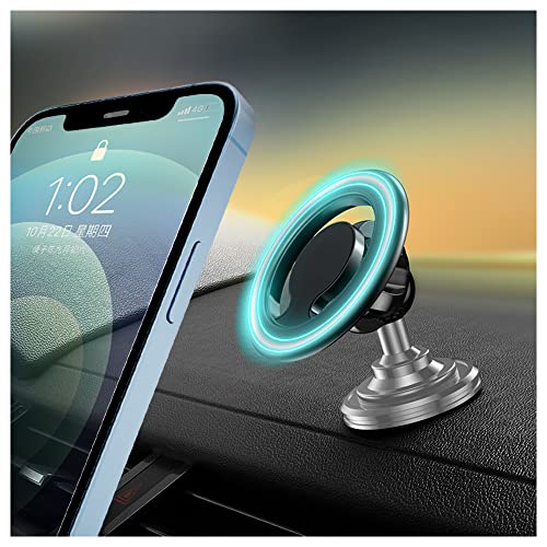 NHHC Compatible for MagSafe Car Mount for iPhone,[2022 New Upgrade] Dashboard 360° Rotation Magnetic Car Mount,Cell Phone Holder for MagSafe iPhone 13 12 / All Smart Phones (Silver)