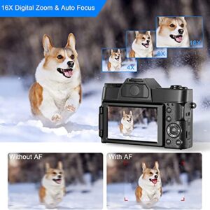 Acoletty 4K Digital Camera for YouTube, 48MP Vlogging Camera, 16X Digital Zoom, 3.0" IPS 30FPS 180° Flip Screen TopCam32 Zoom, 52mm Wide Angle Lens, Macro Lens, 2 Batteries and 32GB TF Card