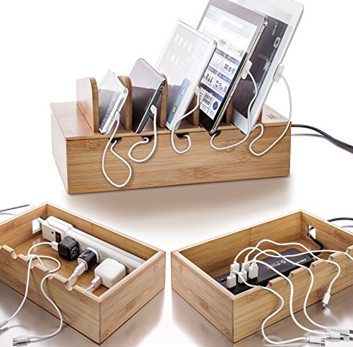 Prosumer's Choice Bamboo Cell Phone Charging Stations | Charging Stand for Mobiles, Tablets, Smartphones, iPads | Desk Organizer| Docking Station | Desk/Floor Cord Cover | Cell Phone Accessories