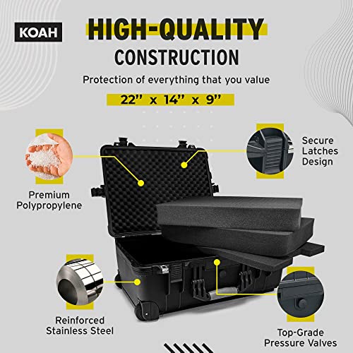 Koah Weatherproof Wheeled Plastic Hard Case with Customizable Foam, Retractable Handle, and Trolley Wheels (22.0" x 14.0" x 9") for Cameras, Drones, and Gear