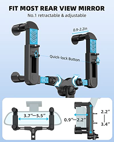 Phone Mount for Car【Large Rear Mirrors Friendly】 Rear View Mirror Phone Holder,【Upgraded 4 Clip More Stable】 360 Rotatable and Retractable Car Phone Holder Fit All Mobiles & Fits Bigger Vehicle