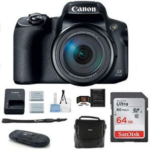 canon powershot sx70 hs digital camera bundle, includes: 64gb sdxc class 10 memory card + spare battery + camera bag + more.