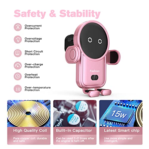 Wireless Car Charger, 15W Auto-Clamping Car Charger Mount, Air Vent Car Charging Holder for iPhone 14/14 Pro/13/13 Pro /12/12 Pro/ 11/11 Pro/Xr/Xs/X/8, Samsung S22/ S21/S20 (Pink)