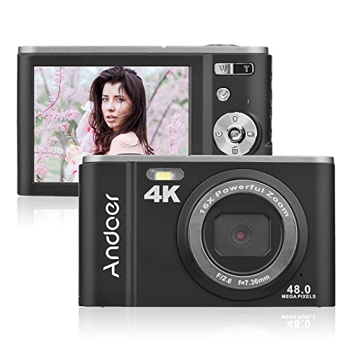 Andoer Portable Digital Camera 48MP 4K 2.8-inch IPS Screen 16X Zoom Self-Timer 128GB Extended Memory Face Detection Anti-Shaking with 2pcs Batteries Hand Strap Carry Pouch