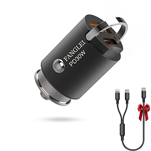 Car Charger USB C Fast Charge, Mini Zinc Alloy 30W PD&QC Dual Port Car Charger [with 2.6ft USB C 100W Cable] i Phone13 12 11 Pro Max X XR XS/Galaxy S21/20 Pixel i Pad Pro &Dash Cam, Black (FL-C30AC)