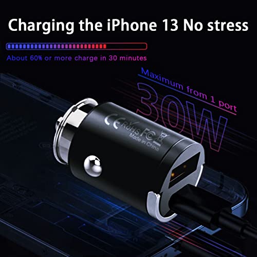 Car Charger USB C Fast Charge, Mini Zinc Alloy 30W PD&QC Dual Port Car Charger [with 2.6ft USB C 100W Cable] i Phone13 12 11 Pro Max X XR XS/Galaxy S21/20 Pixel i Pad Pro &Dash Cam, Black (FL-C30AC)