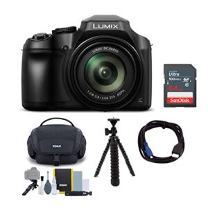 panasonic lumix fz80 4k long zoom camera (18.1 megapixels, 60x 20-1200mm lens) bundle with 64gb memory card, camera system gadget bag with accessory and cleaning kit, tripod, and cable (5 items)