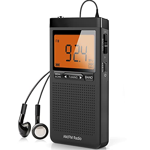 AM FM Portable Radio Personal Radio with Excellent Reception Battery Operated by 2 AAA Batteries with Stero Earphone, Large LCD Screen, Digtail Alarm Clock Radio