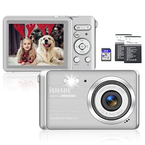 digital camera, rechargeable 30mp point and shoot camera with 32gb sd card 18x digital zoom, compact camera for kids teens aldults elders (silver)