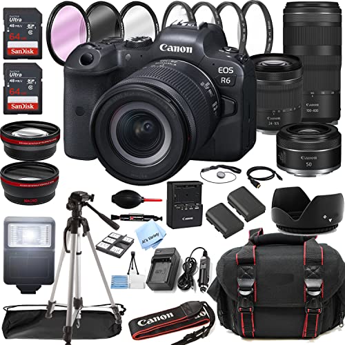 Canon EOS R6 Mirrorless Digital Camera with RF 24-105mm f/4-7.1 STM Lens + RF 100-400mm is USM Lens + 50mm f/1.8 STM Lens + 128GB Memory + Case + Tripod + Filters (43pc Bundle) (Renewed)