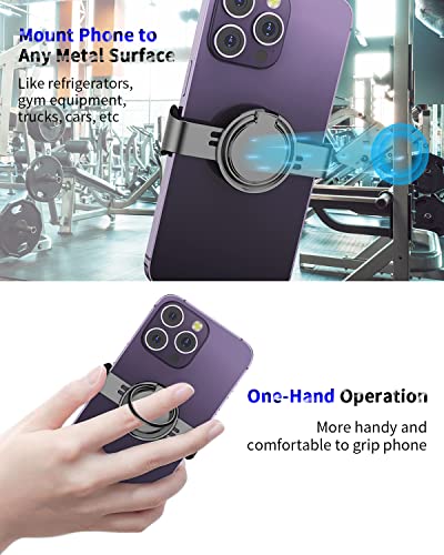 CHEEDAY Magnetic Phone Clamp Mount to Any Metal Surface, [Strong Magnet] Gym Metal Phone Clip Ring Grip for Magnetic Car Holder Compatible with iPhone 12 13 14 Pro Max, Most Phones and Cases, Gray