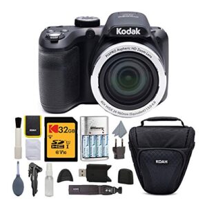 kodak pixpro az401 astro zoom digital camera (black) with 32gb memory card, rapid charger with 4 aa batteries, and koah holster case with accessory bundle (5 items)