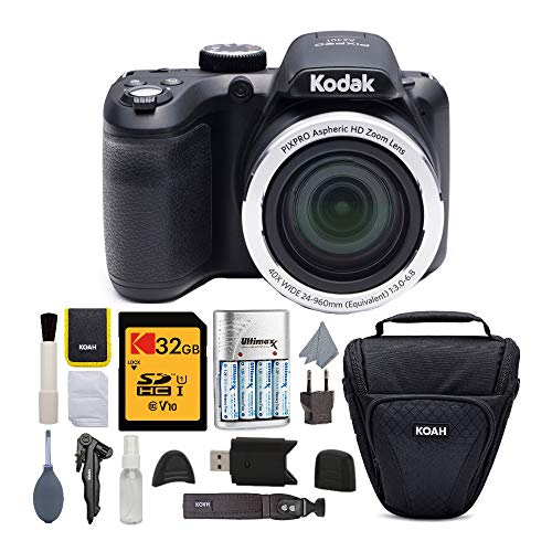 Kodak PIXPRO AZ401 Astro Zoom Digital Camera (Black) with 32GB Memory Card, Rapid Charger with 4 AA Batteries, and Koah Holster Case with Accessory Bundle (5 Items)