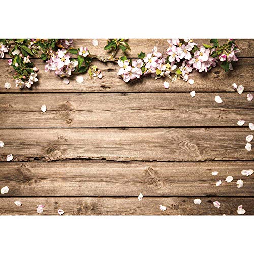 GiuMsi 7x5ft Durable Farbic Wood Wall Photography Backdrop with Spring Flowers and Petal for Newborn Baby Shower Birthday Party Photo Background Photoshoot Booth Props