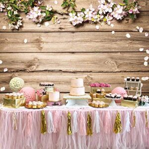 GiuMsi 7x5ft Durable Farbic Wood Wall Photography Backdrop with Spring Flowers and Petal for Newborn Baby Shower Birthday Party Photo Background Photoshoot Booth Props