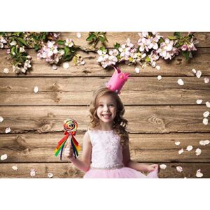 GiuMsi 7x5ft Durable Farbic Wood Wall Photography Backdrop with Spring Flowers and Petal for Newborn Baby Shower Birthday Party Photo Background Photoshoot Booth Props