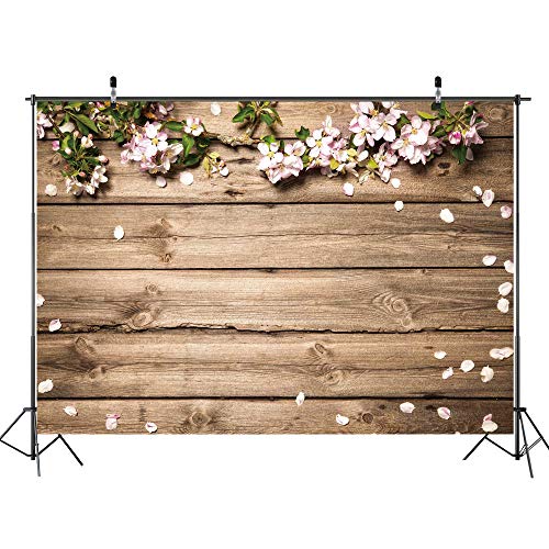 GiuMsi 7x5ft Durable Farbic Wood Wall Photography Backdrop with Spring Flowers and Petal for Newborn Baby Shower Birthday Party Photo Background Photoshoot Booth Props