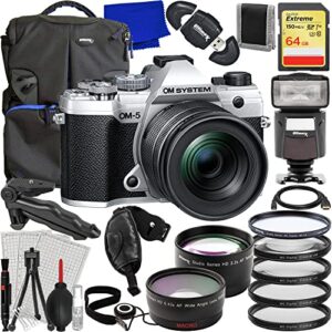 Ultimaxx Advanced OM-5 Camera with 12-45mm Lens Bundle (Silver) - Includes: 64GB Extreme SDXC, 0.43x Wide-Angle Lens Attachment, Universal Speedlite, Protective UV Filter & Much More (31pc Bundle)