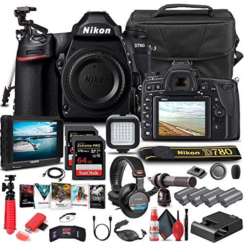 Nikon D780 DSLR Camera (Body Only) (1618) + 4K Monitor + Headphones + Pro Mic + 2 x 64GB Memory Card + Case + Corel Software + Pro Tripod + 3 x EN-EL 15 Battery + More (International Model) (Renewed)