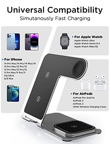 Venere Wireless Charging Station for Apple Devices, Aluminum Alloy 3 in 1 Phone and Watch Charging Station 15W Fast for iPhone14/13/12/11/X/SE/8/Apple Watch/AirPods Pro with 5ft Cable & 20W Adapter