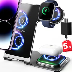 venere wireless charging station for apple devices, aluminum alloy 3 in 1 phone and watch charging station 15w fast for iphone14/13/12/11/x/se/8/apple watch/airpods pro with 5ft cable & 20w adapter