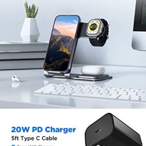 Venere Wireless Charging Station for Apple Devices, Aluminum Alloy 3 in 1 Phone and Watch Charging Station 15W Fast for iPhone14/13/12/11/X/SE/8/Apple Watch/AirPods Pro with 5ft Cable & 20W Adapter