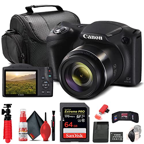 Canon PowerShot SX420 is Digital Camera (Black) (1068C001) + 64GB Memory Card + Card Reader + Deluxe Soft Bag + Flex Tripod + Hand Strap + Memory Wallet + Cleaning Kit (Renewed)