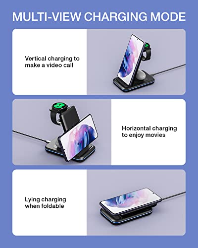 Wireless Charging Station for Samsung Galaxy Phone/Watch/Buds, 3 in 1 Foldable Charging Stand for Samsung S23 Ultra/S22/S21/S20/Note20/10/Galaxy Watch5/4/3/Classic/Active Buds+/Live with 18W Adapter