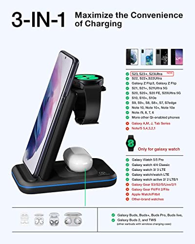 Wireless Charging Station for Samsung Galaxy Phone/Watch/Buds, 3 in 1 Foldable Charging Stand for Samsung S23 Ultra/S22/S21/S20/Note20/10/Galaxy Watch5/4/3/Classic/Active Buds+/Live with 18W Adapter