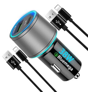 bluemega fast car charger, 38w dual port usb power delivery rapid car charger adapter with 2pack nylon braided cord quick car charging compatible for iphone 13 12 11 pro max x xr xs 8plus