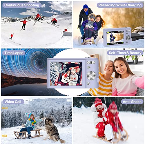 Digital Camera, 4K 48MP Kids Camera with 16X Zoom 32GB SD Card, Compact Mini Pocket Camera Adult Seniors Students Kids Beginner(Purple)