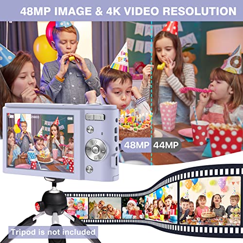 Digital Camera, 4K 48MP Kids Camera with 16X Zoom 32GB SD Card, Compact Mini Pocket Camera Adult Seniors Students Kids Beginner(Purple)