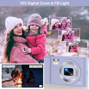 Digital Camera, 4K 48MP Kids Camera with 16X Zoom 32GB SD Card, Compact Mini Pocket Camera Adult Seniors Students Kids Beginner(Purple)