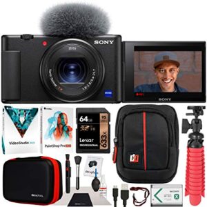 sony zv-1 compact digital vlogging 4k hdr video camera for content creators & vloggers dczv1/b bundle with deco gear case + software kit + 64gb card + compact tripod/handheld grip and accessories