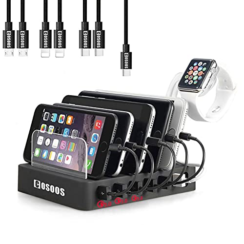 75W Fastest Charging Station for Multiple Devices, COSOOS USB Charging Station with 3X QC 3.0, 7 Phone Charger Cables(3 Type),iWatch Stand,6-Port USB Charger Station for Samsung