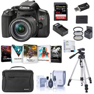 canon eos rebel t8i dslr camera with 18-55mm lens, bundle with bag, 64gb sd card, extra canon battery, charger, tripod, filter kit and accessories