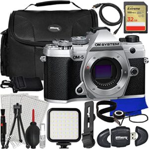 Ultimaxx Essential OM-5 Mirrorless Camera (Silver - Body Only) Bundle - Includes: 32GB Extreme Memory Card, Water-Resistant Gadget Bag, LED Light Kit with Bracket, Lens Cap Keeper & More (18pc Bundle)