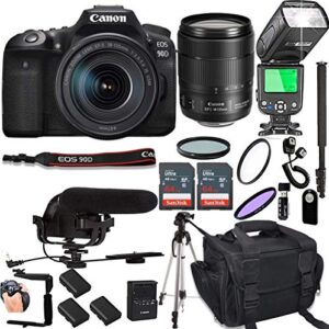 canon eos 90d with 18-135mm f/3.5-5.6 is usm lens + 128gb memory + deluxe camera bag + pro battery bundle + microphone + ttl speed light + pro filters,(22pc bundle) (renewed)