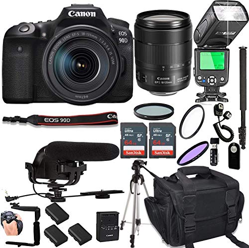 Canon EOS 90D with 18-135mm f/3.5-5.6 is USM Lens + 128GB Memory + Deluxe Camera Bag + Pro Battery Bundle + Microphone + TTL Speed Light + Pro Filters,(22pc Bundle) (Renewed)