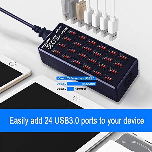 24-Port 100 watt (20 A) USB Charging Station, Home Desktop USB Fast Charger, Multiple USB Desktop Chargers, Suitable for Hotels, Shops, Schools, Shopping malls and Travel