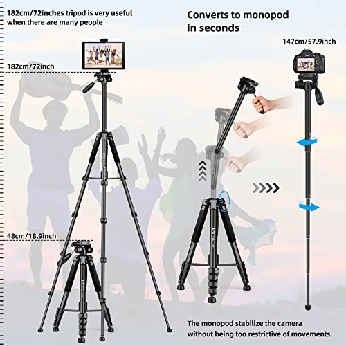Tripod for Camera, 72 inch Tall Camera Tripod & Monopod with Remote, Professional Heavy Duty Tripod Stand for DSRL Cameras, Cell Phones, ipad, Compatiable with Canon, Nikon, Sony